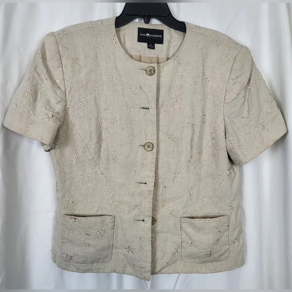 Vtg Sag Harbor Tan Floral Embroidered Short Sleeve 6 Button Linen Blazer Size 16 - Picture 1 of 8